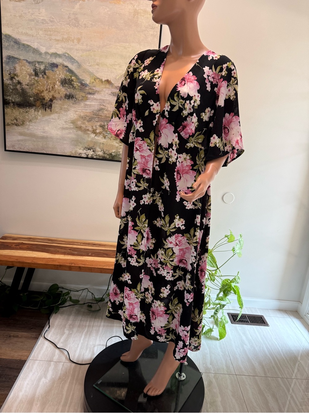 Black white Floral 1X  Swim Coverup with Pink Blooms 
This doubles as a duster